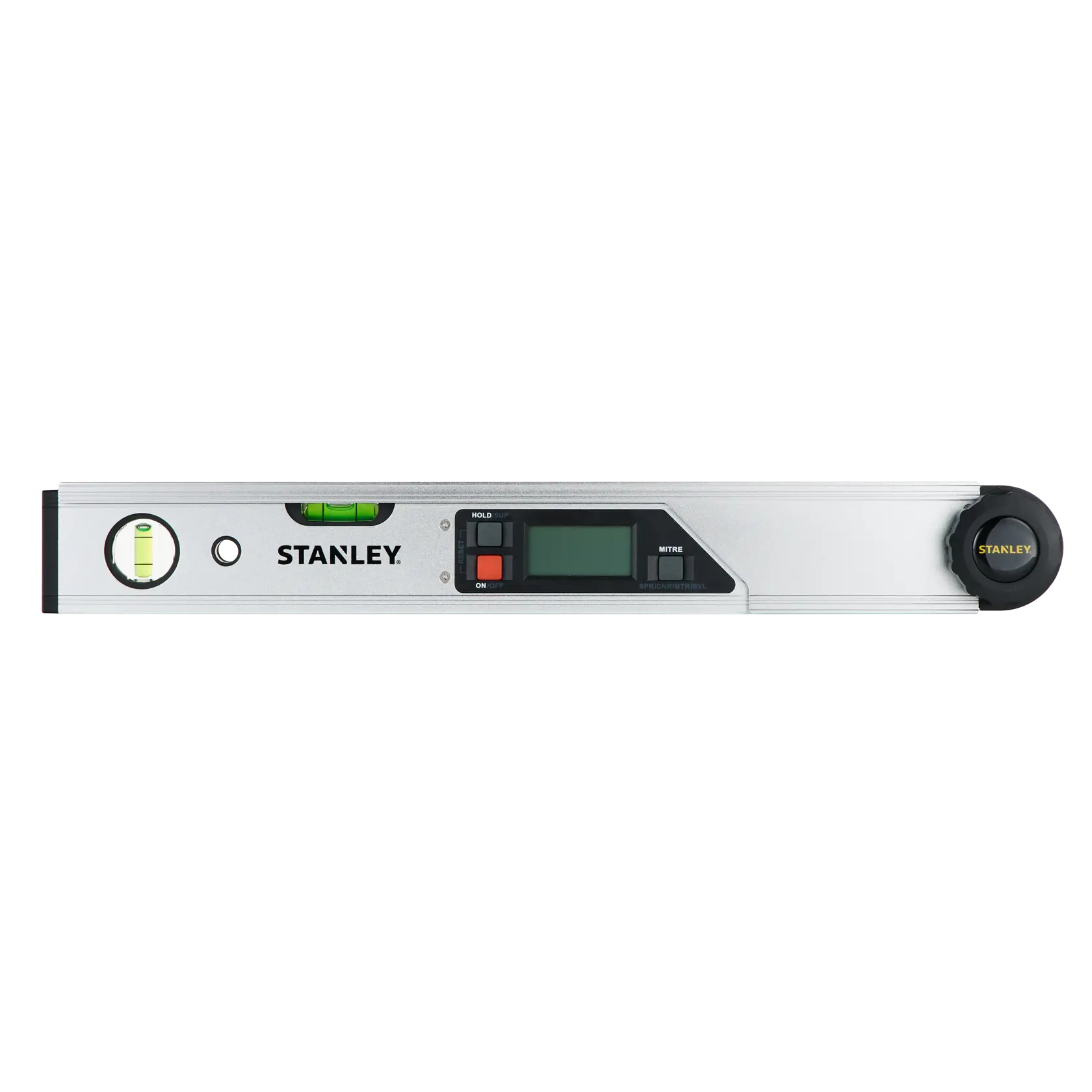 Foto der STANLEY 0-42-087 digitalen Wasserwaage mit LCD-Anzeige und zwei Libellen, Vorderansicht.