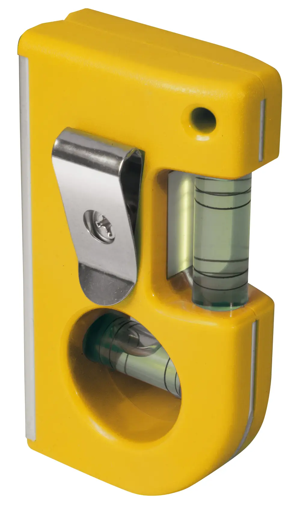 STANLEY 0-42-130 gelbes Taschenwasserwaage mit Metallclip, Seitenansicht auf weißem Hintergrund.