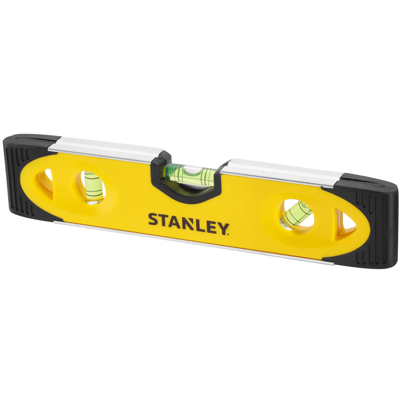 Stanley gelbe Wasserwaage mit drei Libellen und schwarzen Enden zur Messung gerader horizontaler Linien.