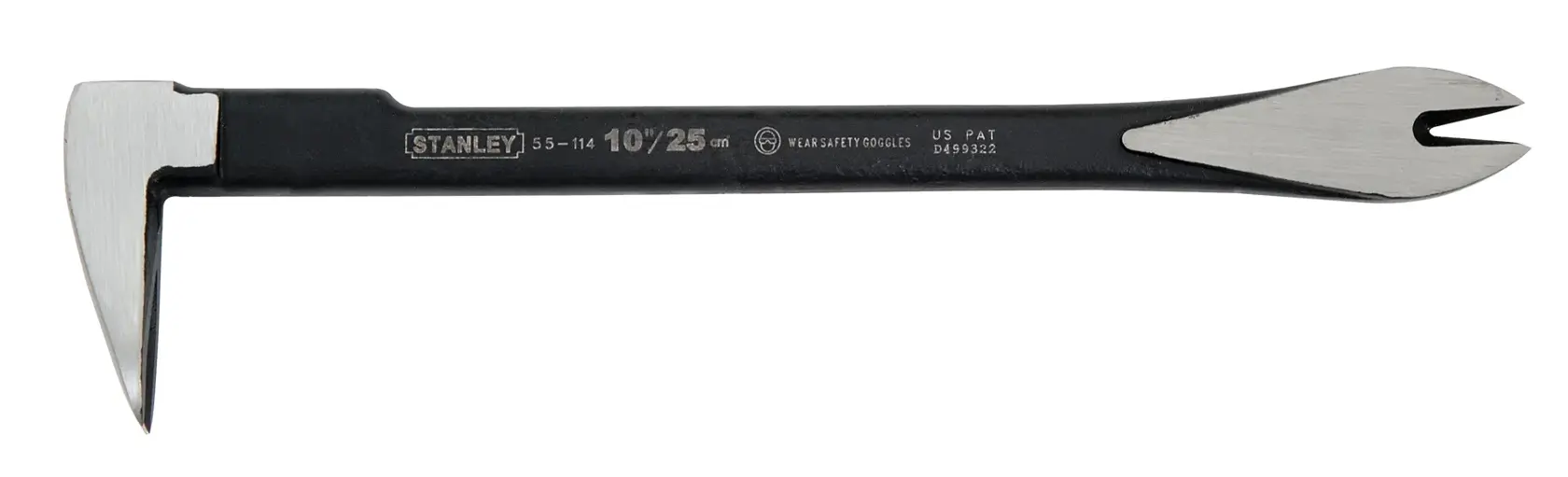 STANLEY 0-55-114 Brecheisen, schwarzer Stahl mit Meißel- und Nagelschlitzenden, Seitenansicht, weißer Hintergrund.
