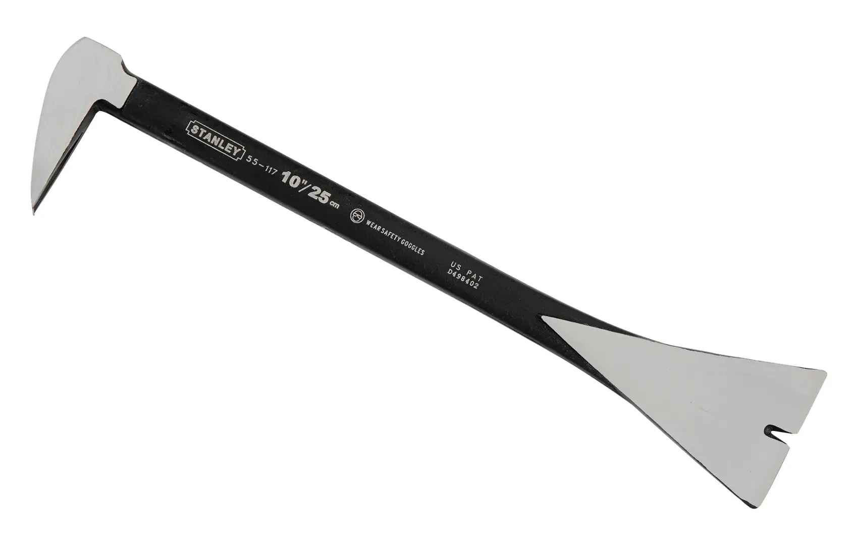 STANLEY 0-55-117 Brecheisen mit abgeschrägten Enden, schwarz und silber, Seitenansicht auf weißem Hintergrund.