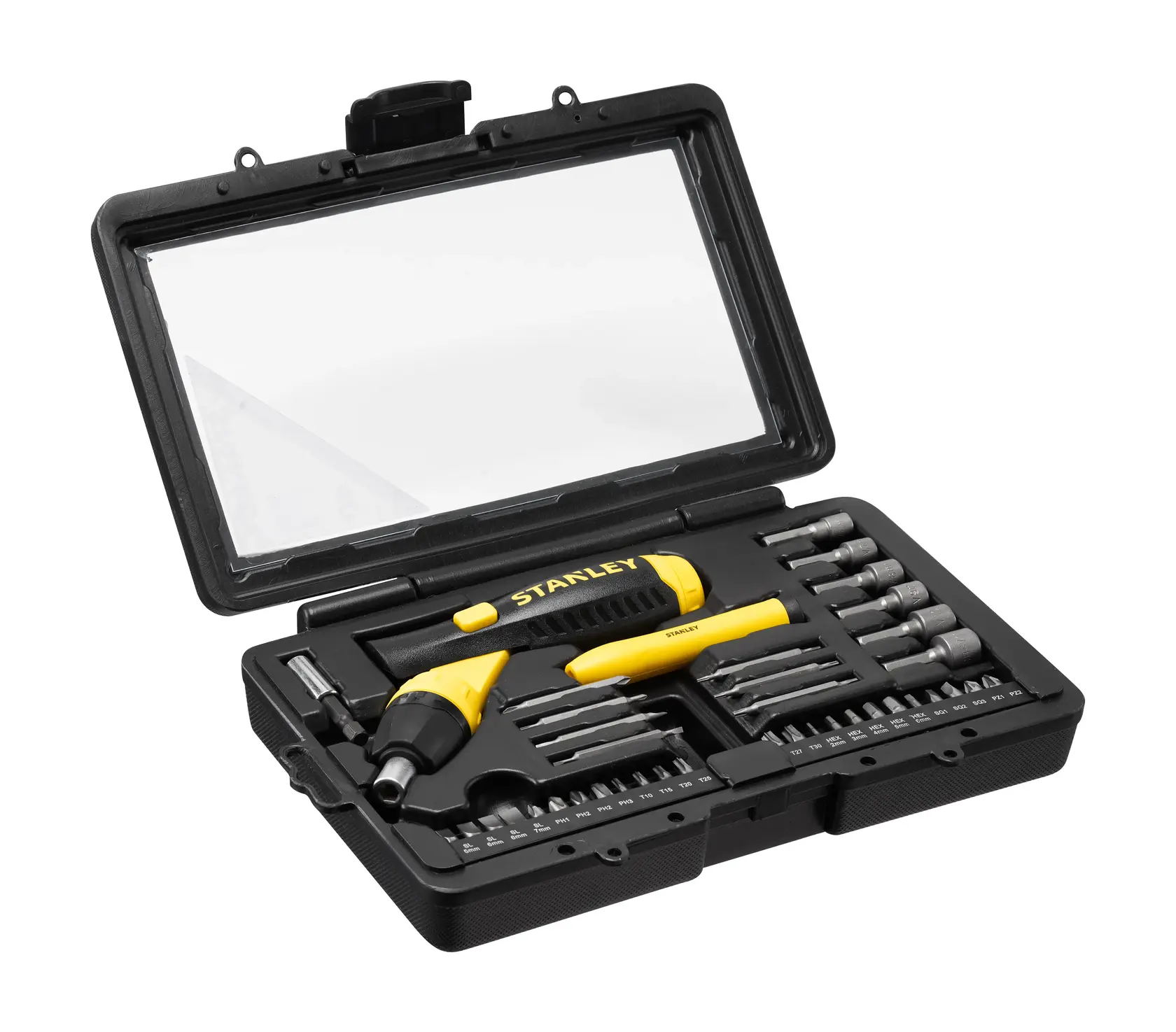 STANLEY 0-63-038 Schraubendreher-Bit-Set in schwarzem Koffer, geöffneter Blick von oben.