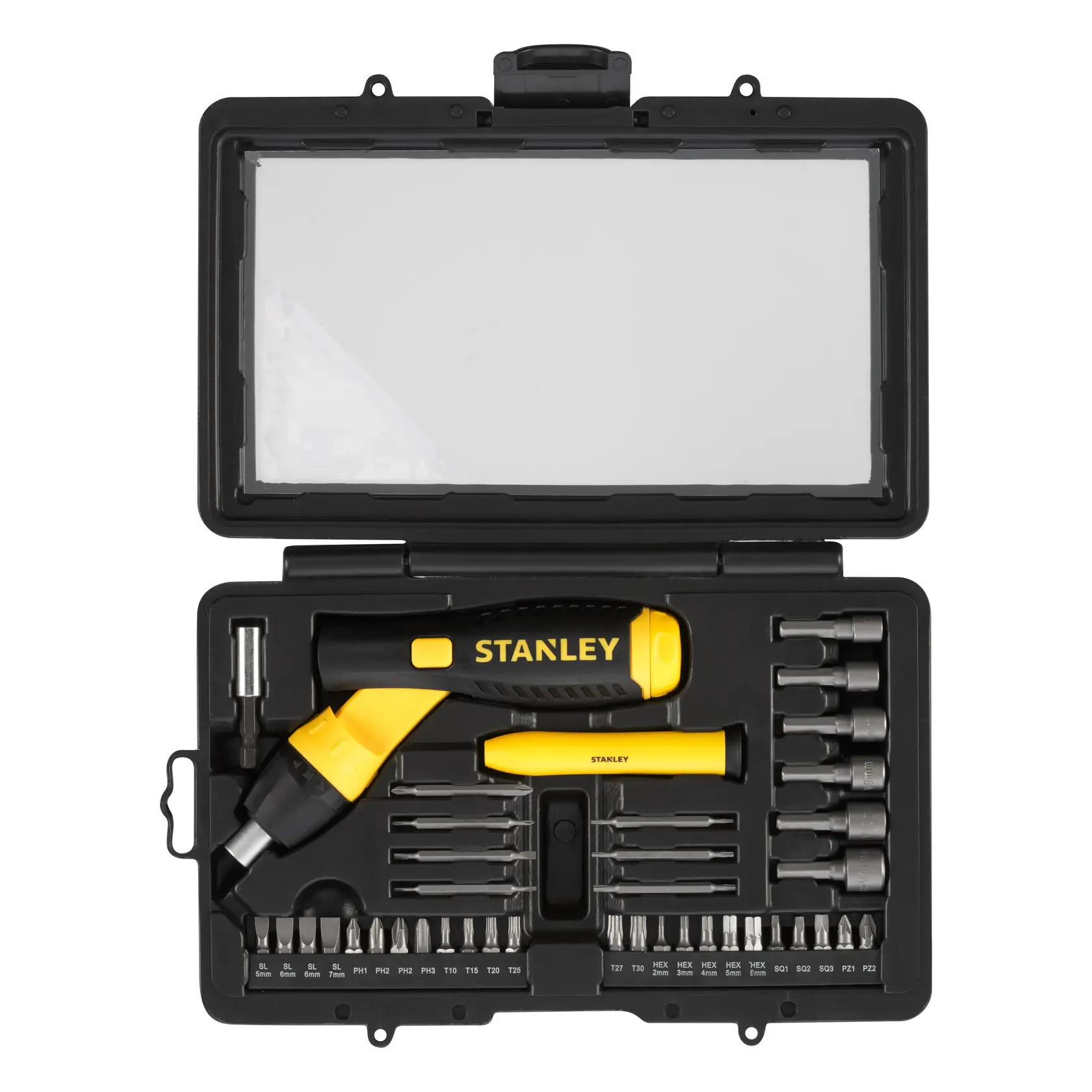 STANLEY 0-63-038 Schraubendreher- und Bit-Set im schwarzen Koffer, Draufsicht mit gelben Griffen und Bits.