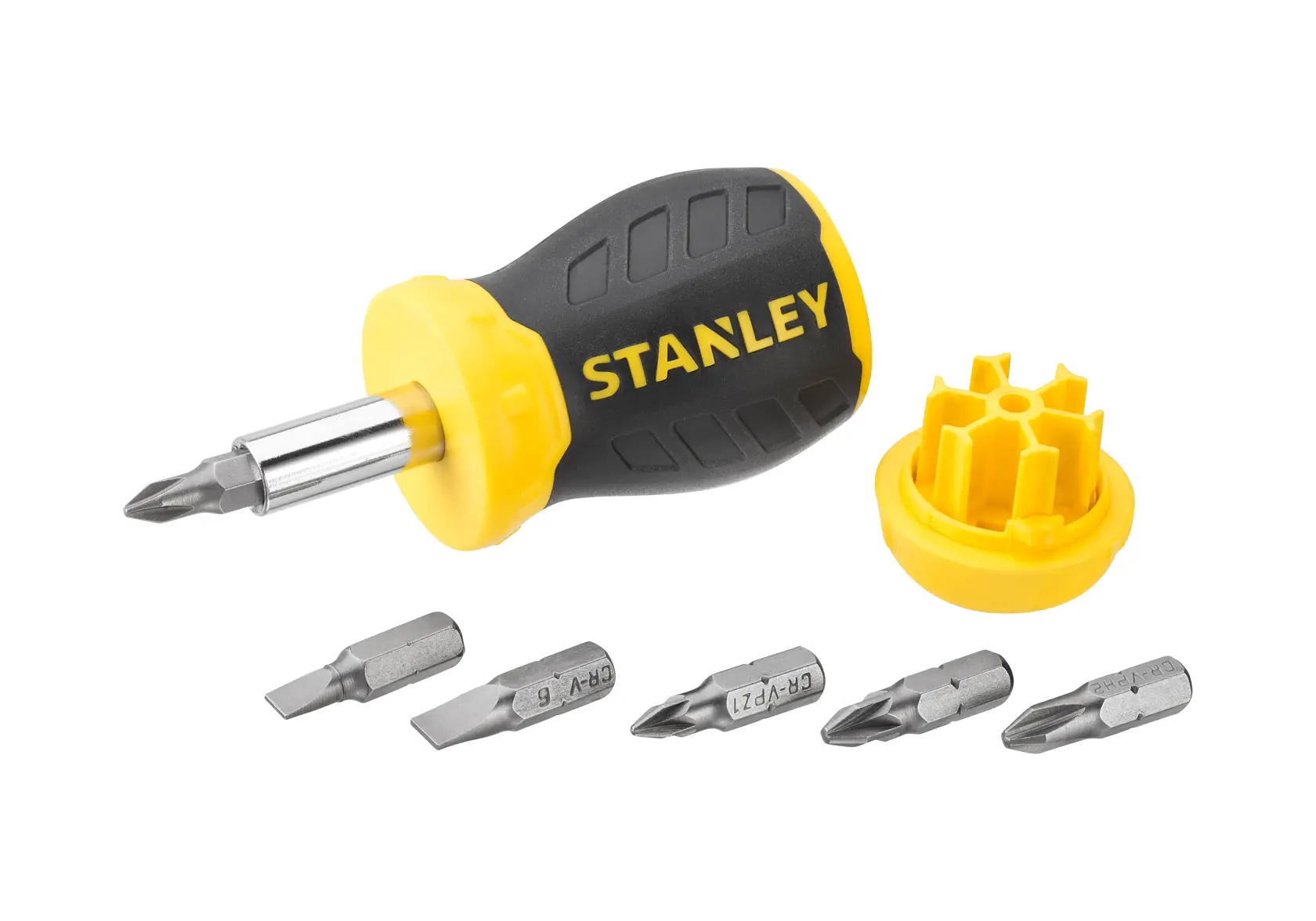 STANLEY 0-66-357 Stubby Schraubendreher-Set mit schwarz-gelbem Griff, Bit-Halter und sechs Stahlbits, Frontansicht.