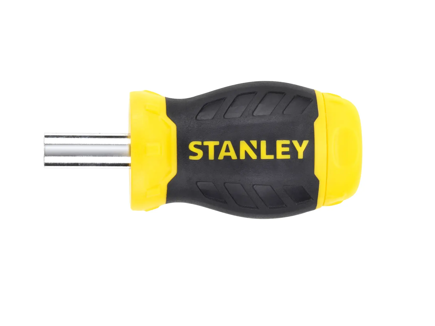 STANLEY 0-66-357 Kurzschraubendreher, schwarz-gelber Griff, Seitenansicht, weißer Hintergrund.