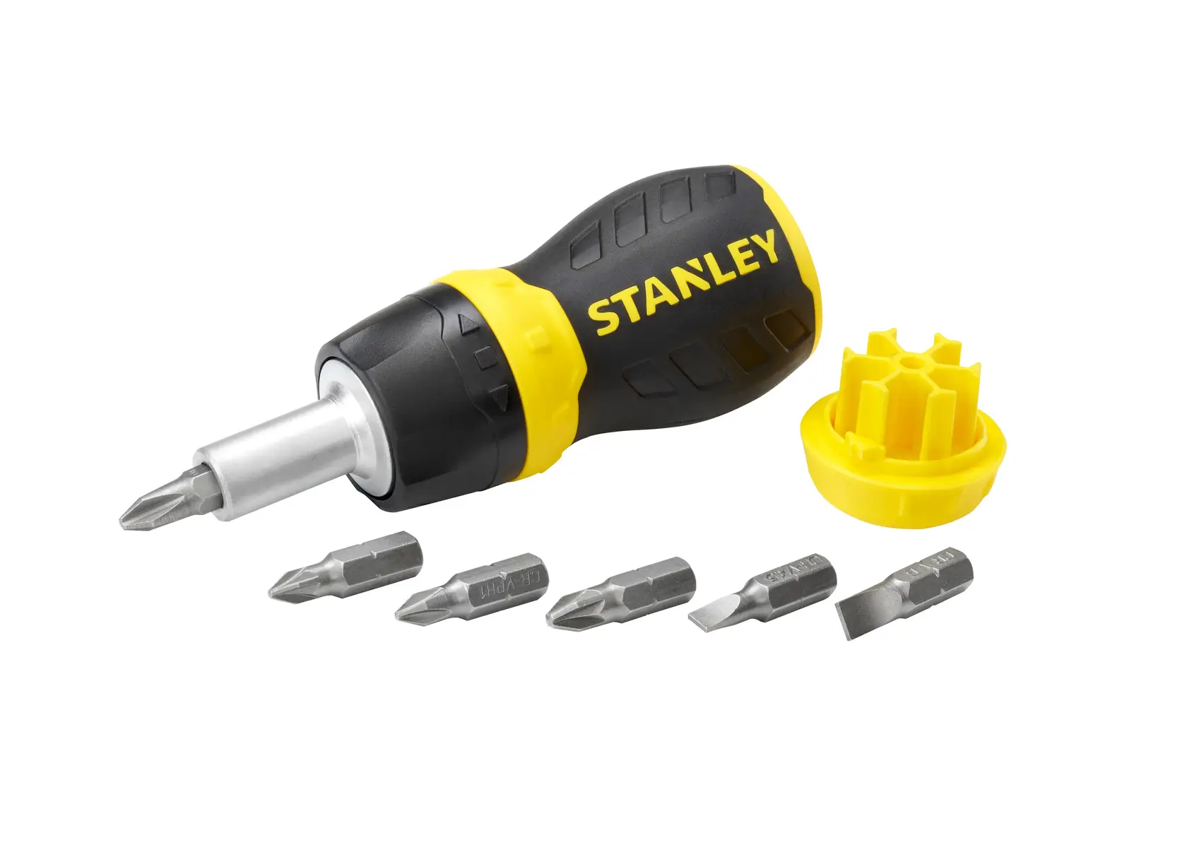 STANLEY 0-66-358 Schraubendreher-Set mit gelbem Griff, Wechselbits und Bit-Halter, Produktfotografie.