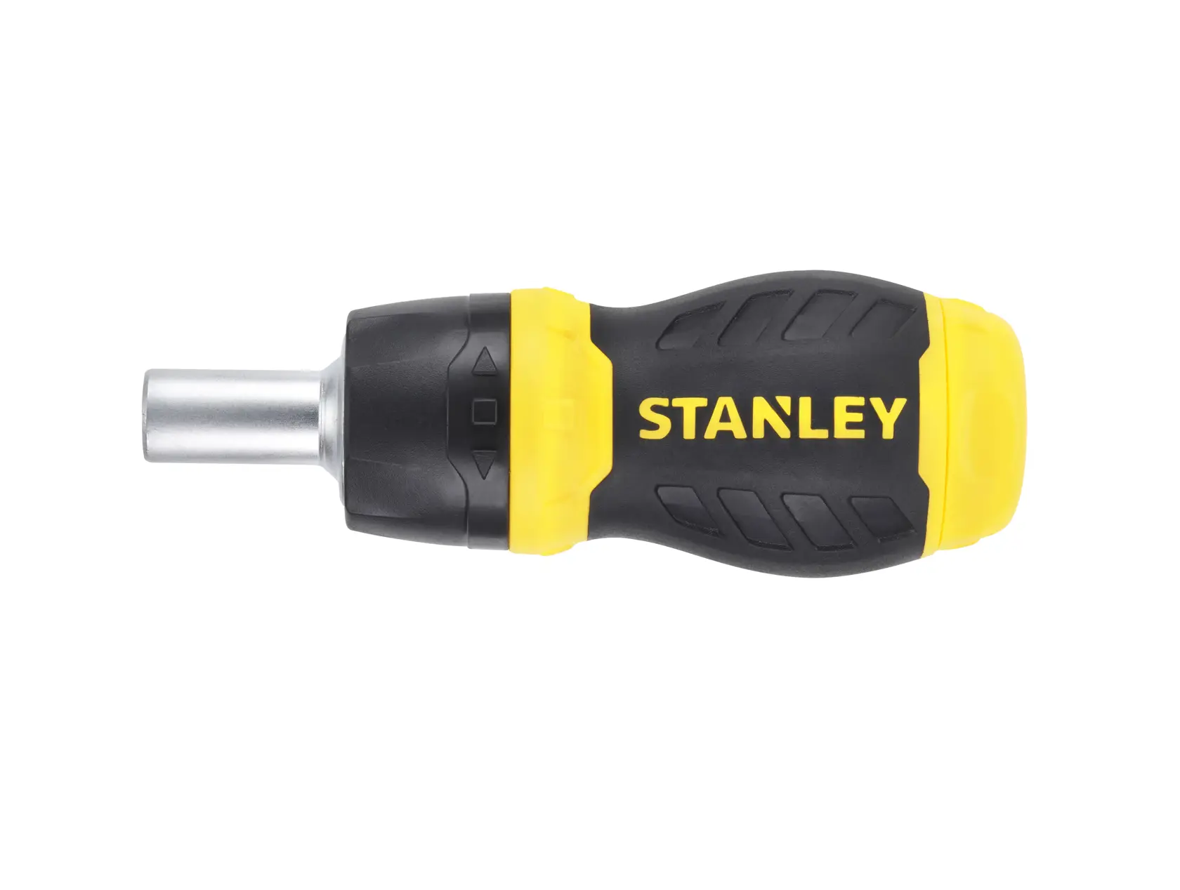 Stanley 0-66-358 kurzer Ratschen-Schraubendreher, schwarz-gelber Griff, Seitenansicht, weißer Hintergrund.