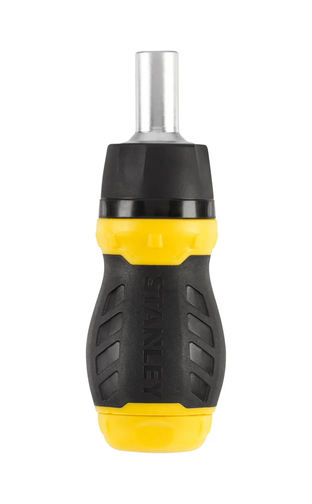 STANLEY 0-66-358 kurzer Ratschen-Schraubendreher, ergonomischer gelb-schwarzer Griff, Vorderansicht.