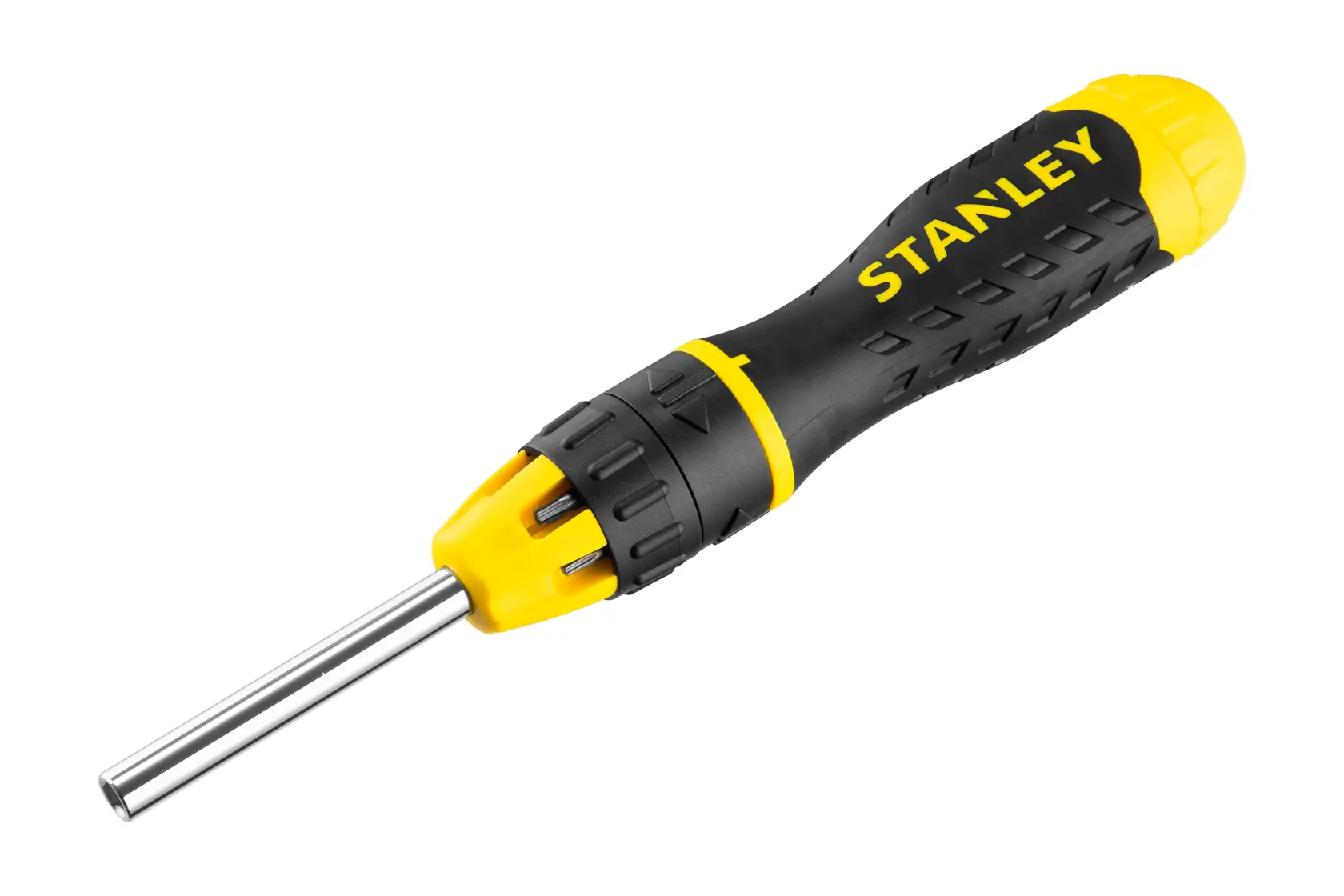 STANLEY 0-68-010 Schraubendreher mit ergonomischem schwarz-gelbem Griff, Frontansicht auf weißem Hintergrund.