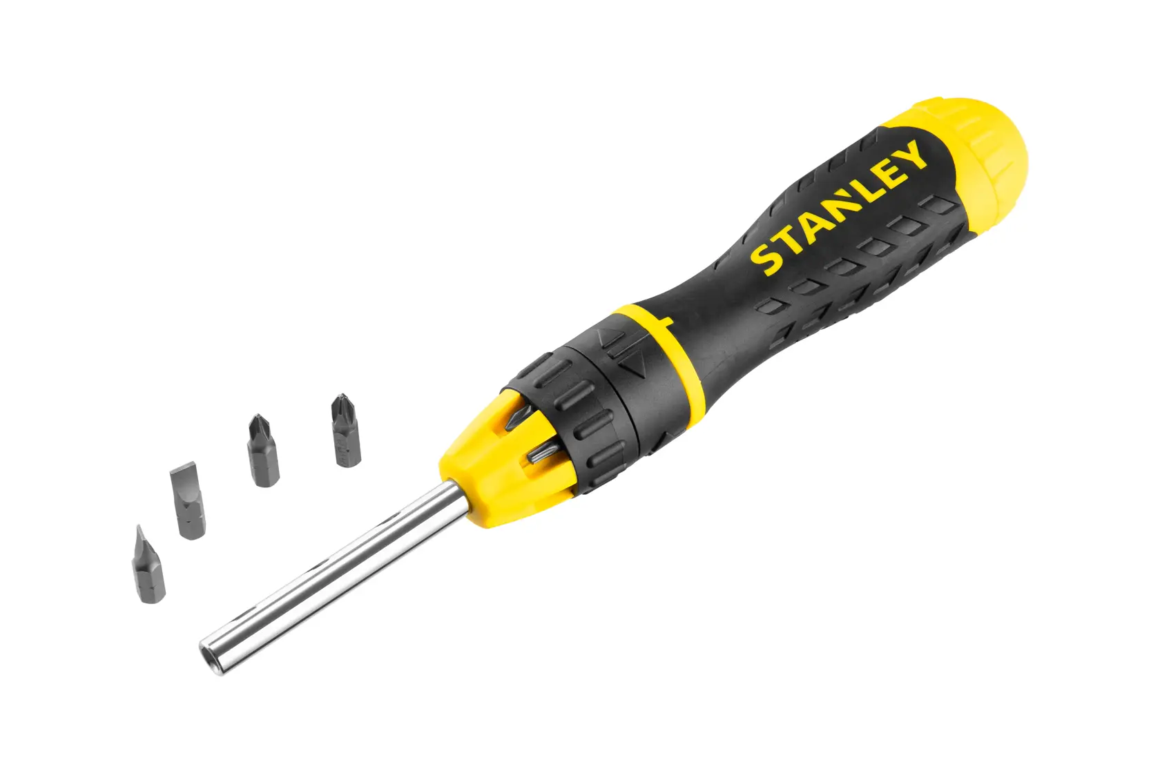 STANLEY 0-68-010 Mehrfach-Bit-Schraubendreher mit schwarz-gelbem Griff, fünf Wechseleinsätze, Frontansicht.