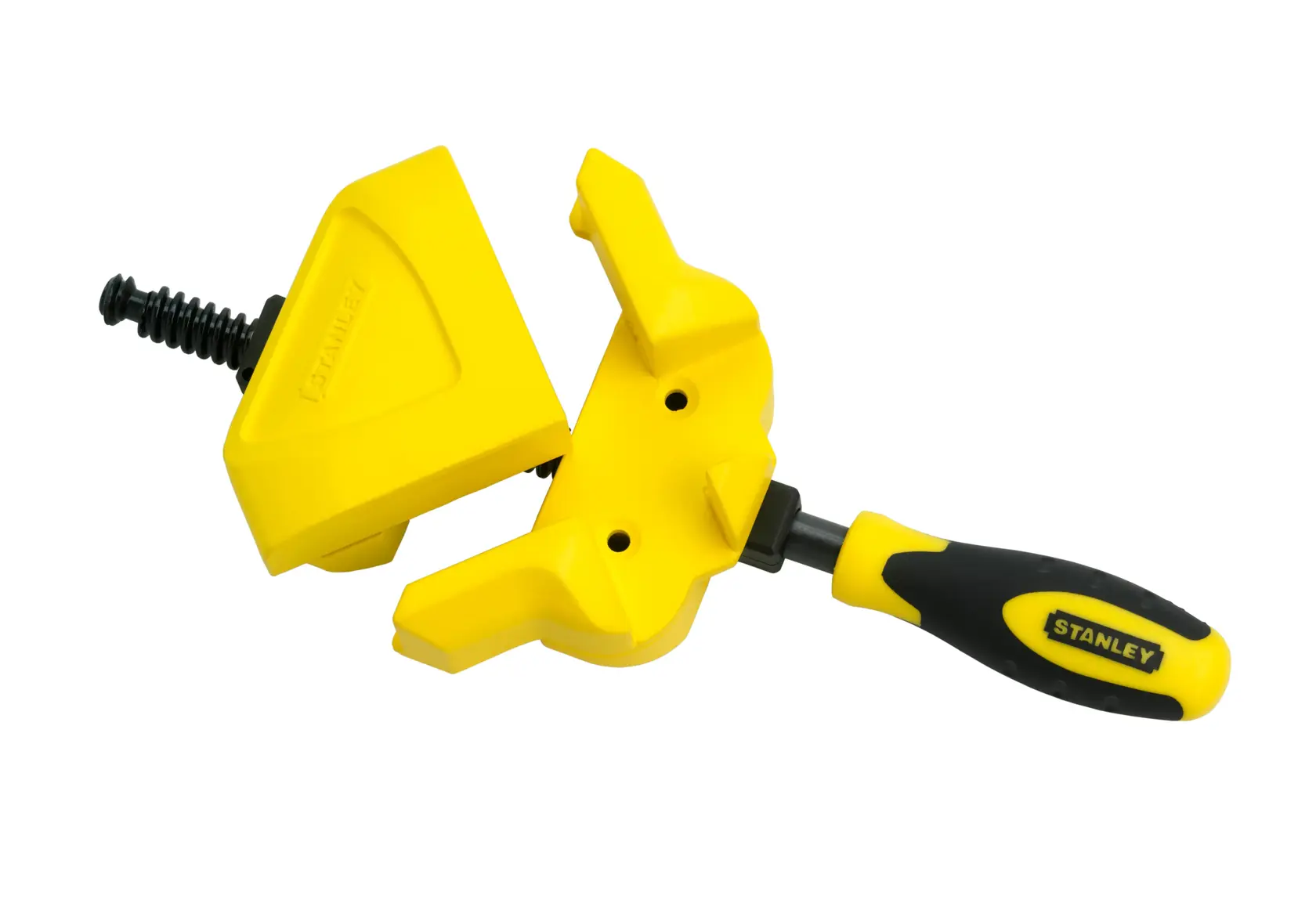 STANLEY 0-83-122 gelbe Eckzwinge mit schwarz-gelbem Griff, schräg dargestellt auf weißem Hintergrund.