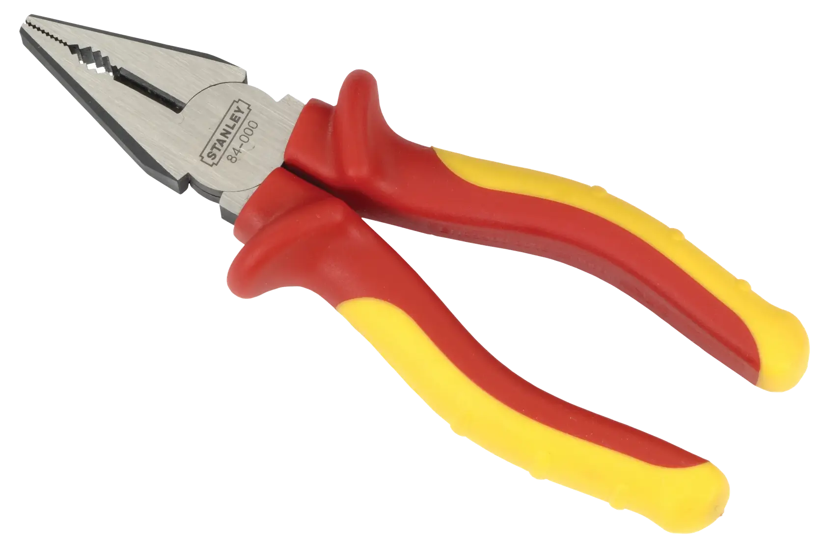 STANLEY 0-84-000 isolierte Kombizange mit rot-gelbem Griff, schräg auf weißem Hintergrund.