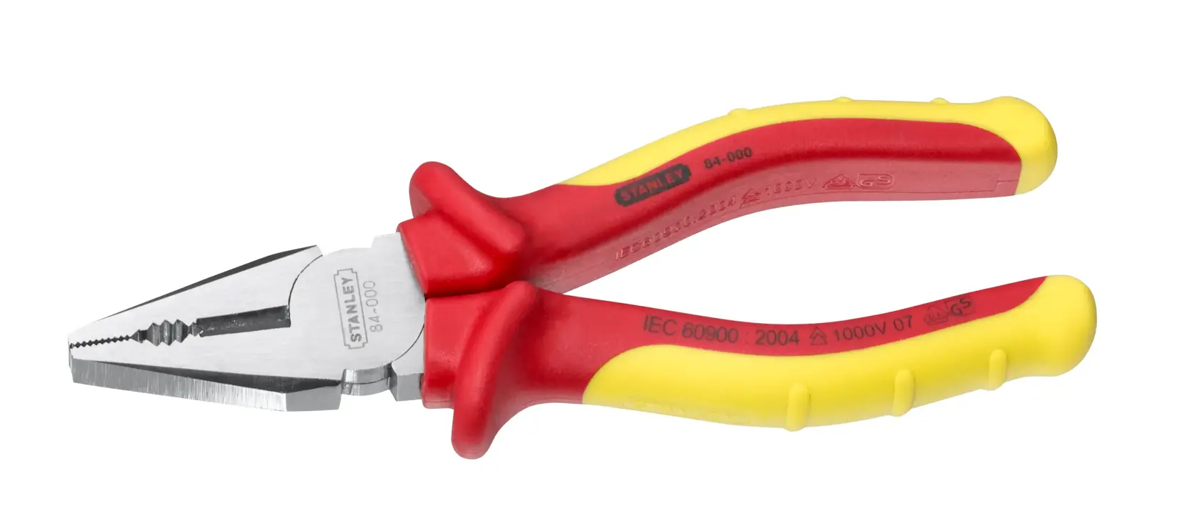 STANLEY 0-84-000 isolierte Kombizange mit rot-gelbem Griff, Seitenansicht auf weißem Hintergrund.