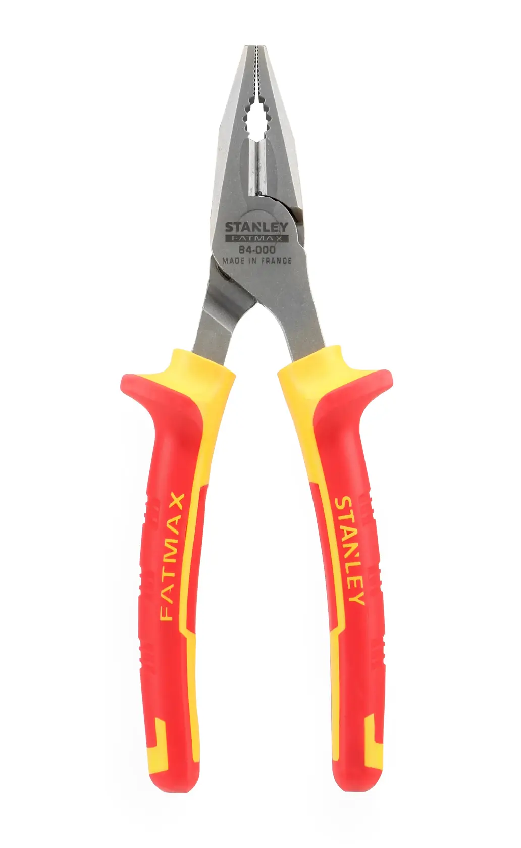 STANLEY 0-84-000 Zange mit rot-gelben isolierten Griffen, Vorderansicht, Werkzeugfotografie.