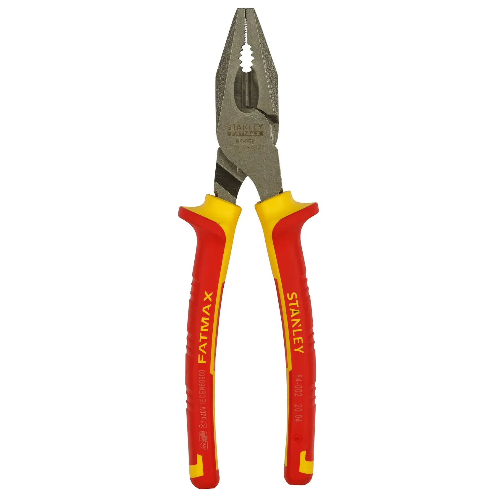 Stanley 0-84-002 isolierte Kombizange mit rot-gelben Griffen, Vorderansicht auf Weiß.