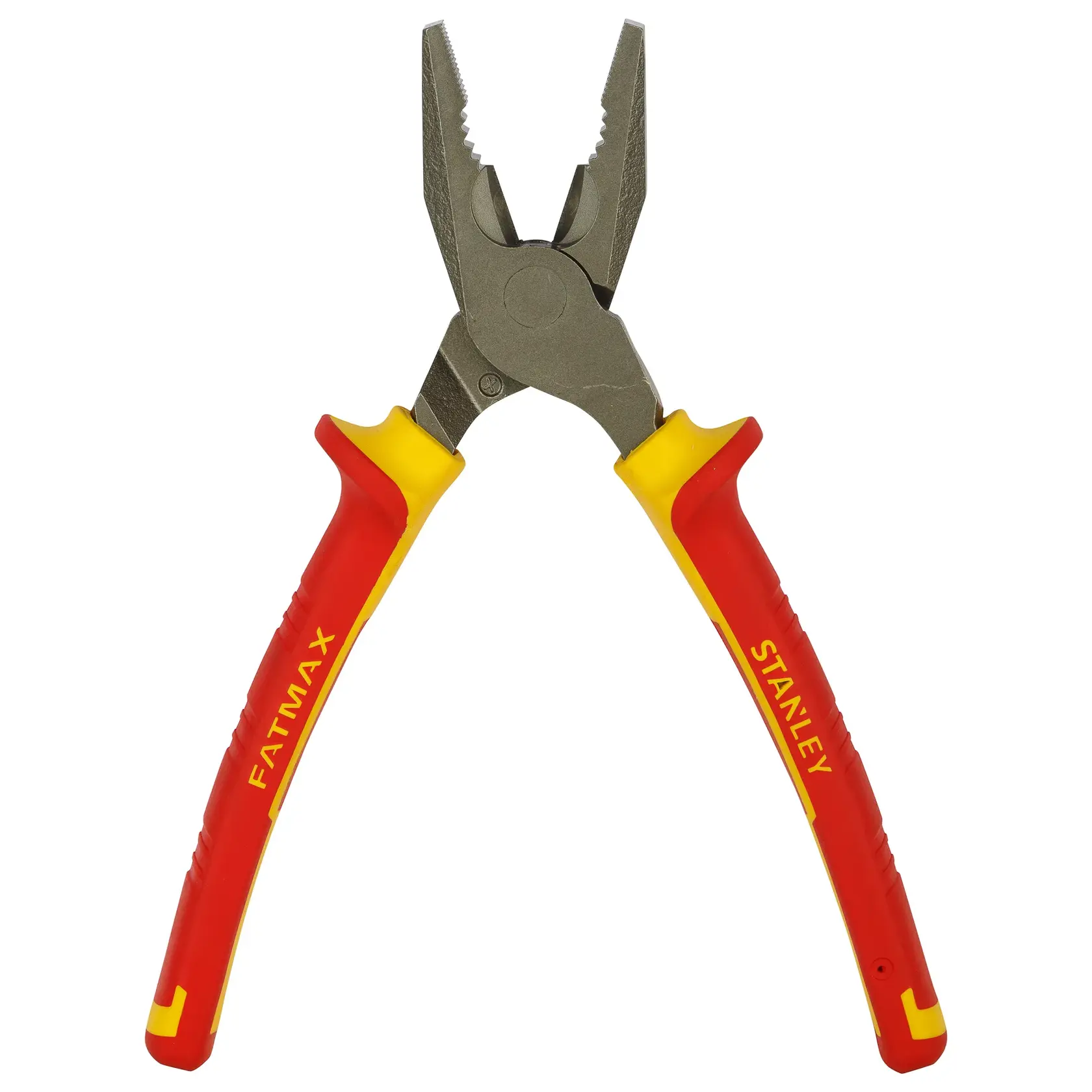 STANLEY 0-84-002 Zange mit rot-gelben isolierten Griffen, Vorderansicht, Fotografie von Handwerkzeug.