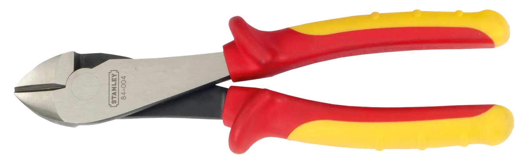 STANLEY 0-84-004 Seitenschneider mit rot-gelben Griffen, Seitenansicht auf weißem Hintergrund.