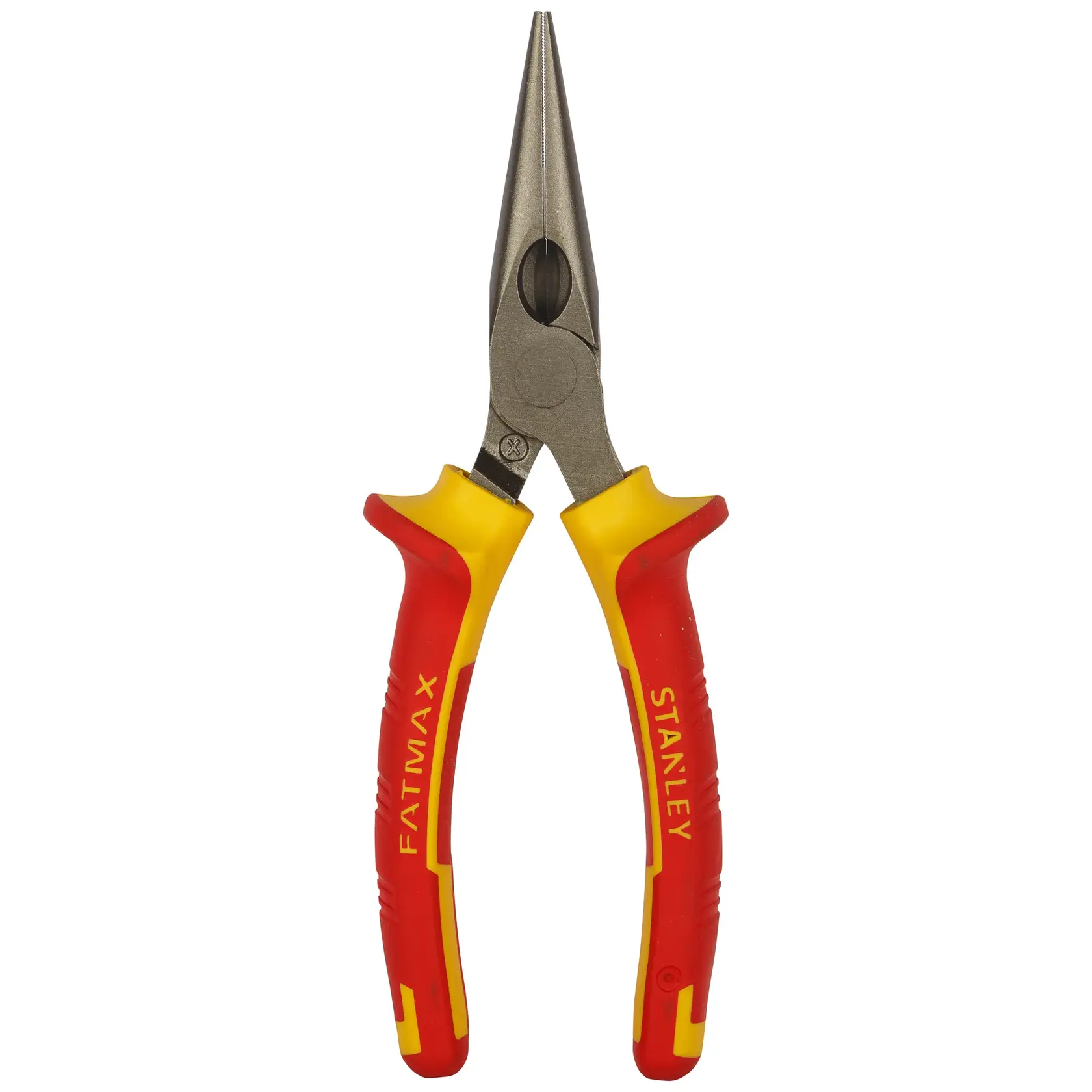 STANLEY 0-84-006 Spitzzange, rote und gelbe Griffe, Vorderansicht auf weißem Hintergrund.