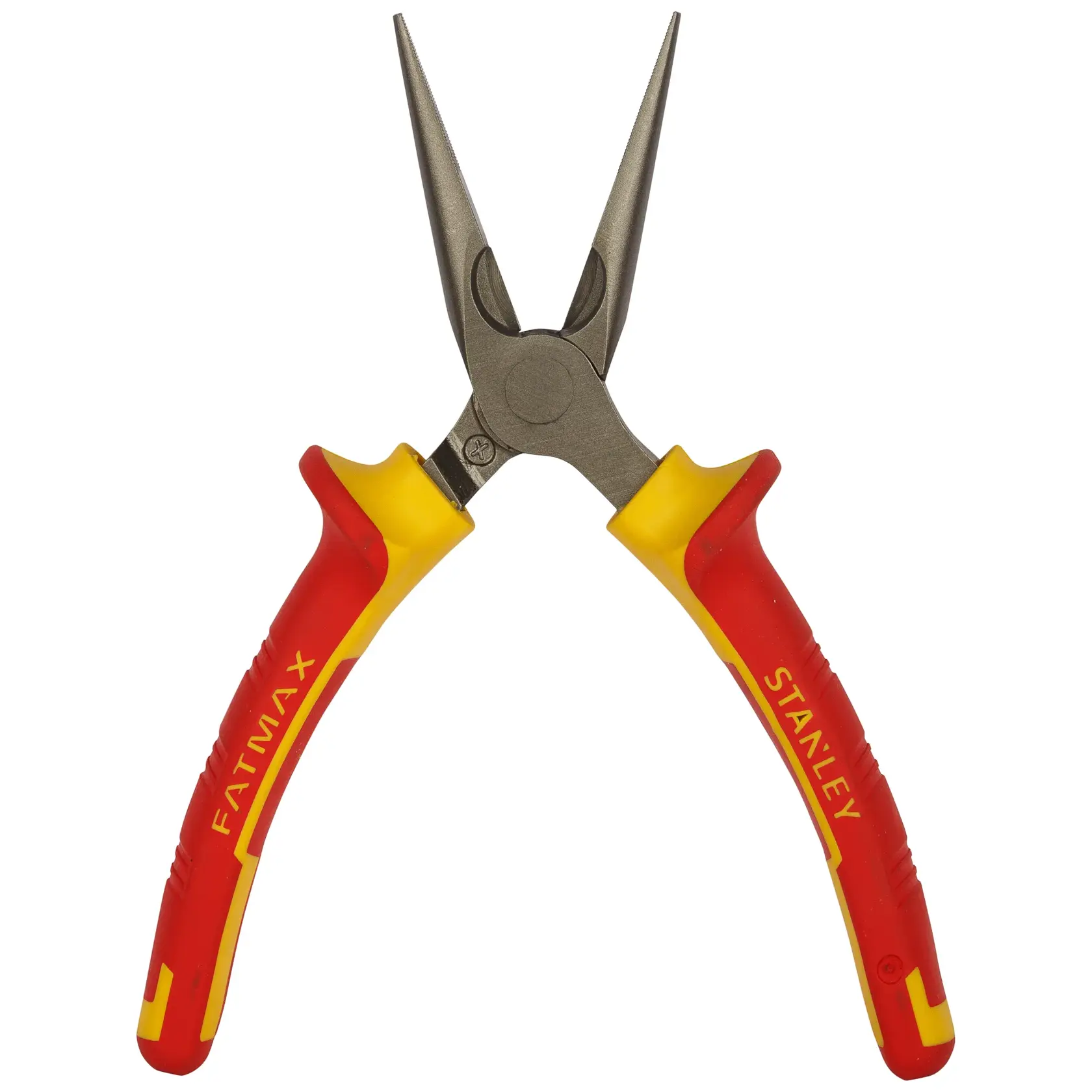 STANLEY 0-84-006 Spitzzange mit rot-gelben Griffen, Frontalansicht auf weißem Hintergrund.