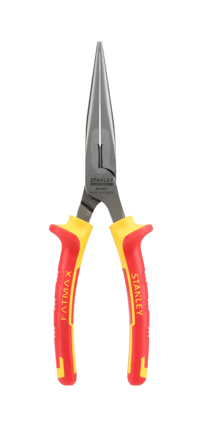 Stanley isolierte Flachzange mit roten und gelben Griffen, geeignet zum präzisen Greifen und Schneiden.