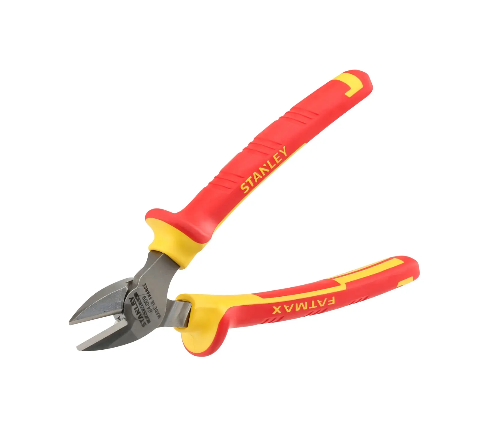 STANLEY 0-84-009 isolierte Seitenschneider mit rot-gelben Griffen, Seitenansicht des Produkts.