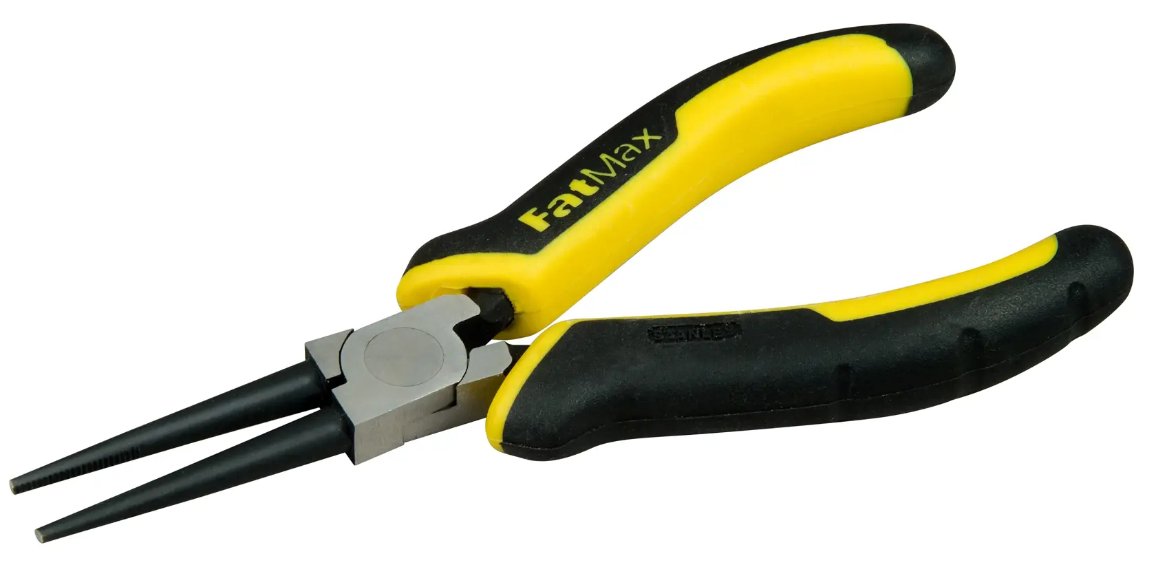 STANLEY 0-84-496 Lange Zange mit gelb-schwarzen FatMax-Griffen, schräge Seitenansicht auf weißem Hintergrund.