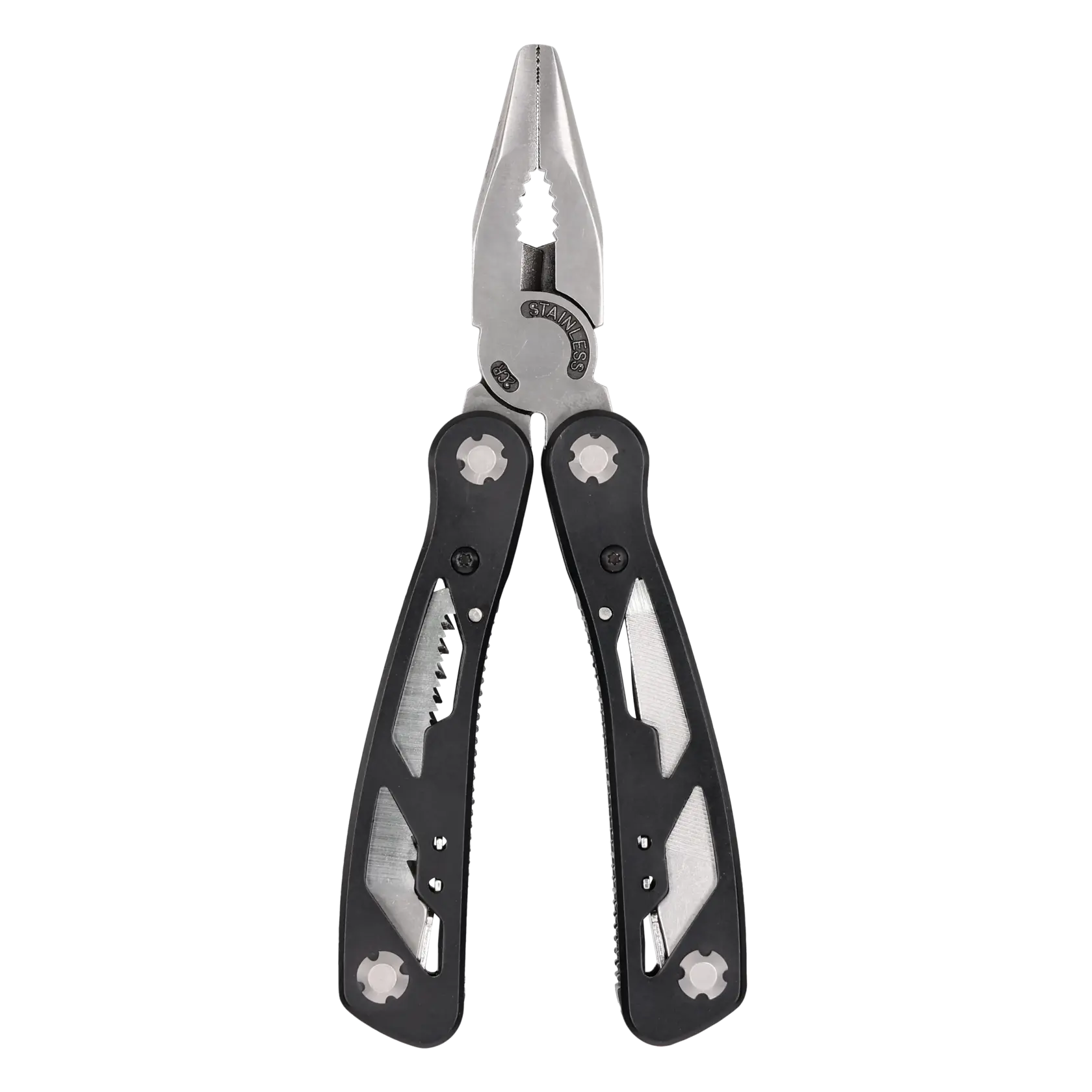 STANLEY 0-84-519 Multitool mit Zange, Messer, Feile und offenen Werkzeugen, silber, Studio-Frontansicht.