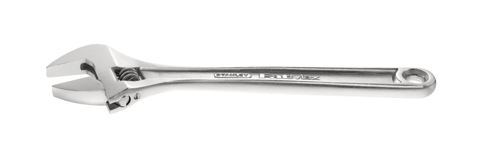 STANLEY 0-84-540 verstellbarer Schraubenschlüssel, silber, seitlich auf weißem Hintergrund fotografiert.