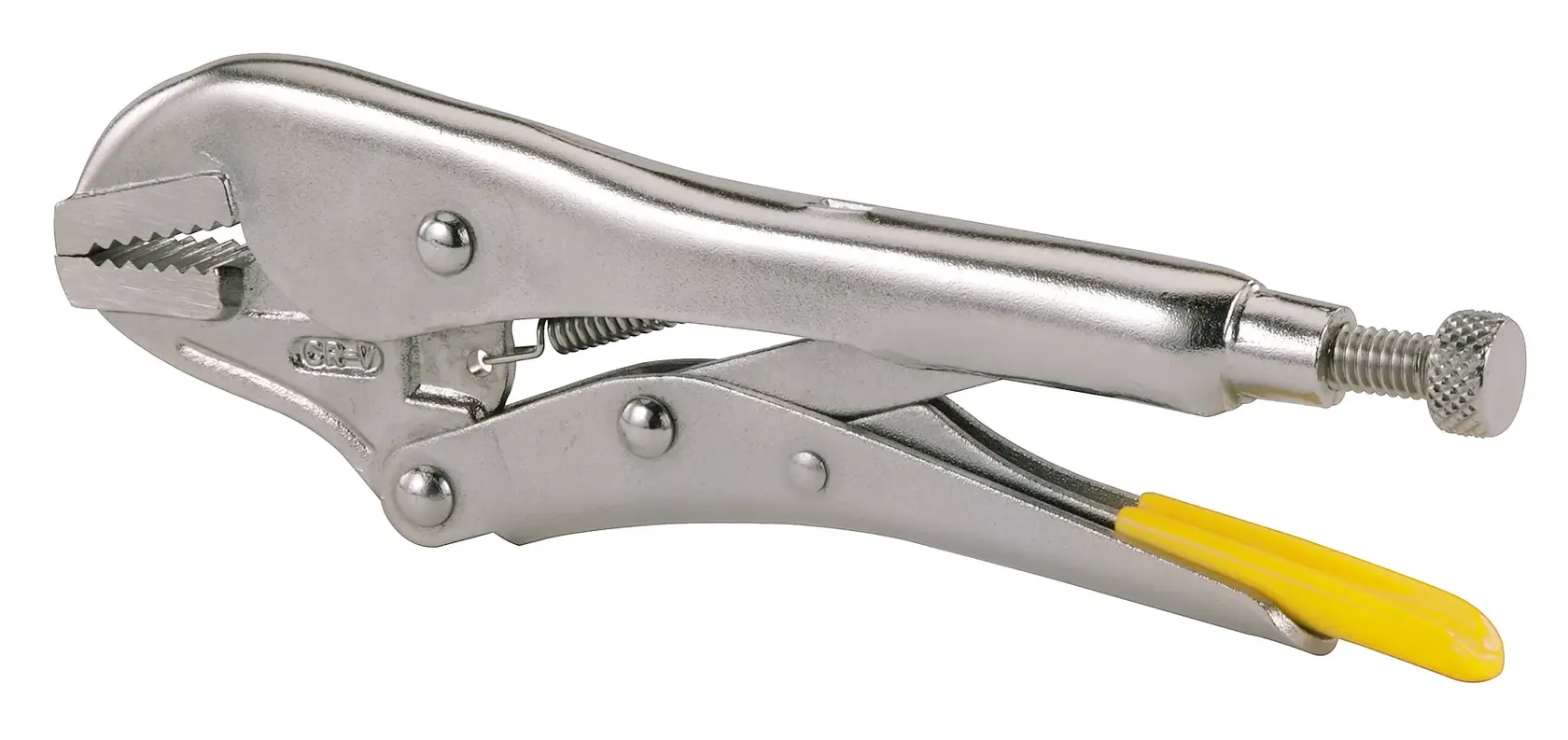 STANLEY 0-84-810 Feststellzange in Silber mit gelbem Griff, Seitenansicht vor weißem Hintergrund.