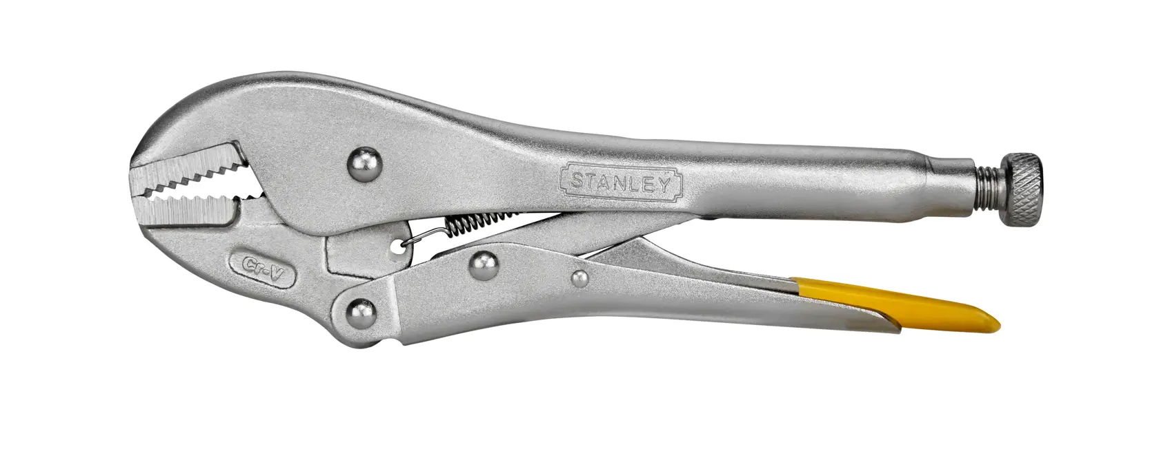 STANLEY 0-84-811 Feststellzange, silbernes Metall mit gelbem Griff, Seitenansicht auf weißem Hintergrund.