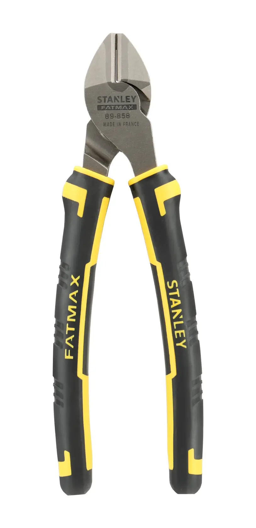 STANLEY SKU 0-89-858 Seitenansicht schwarze und gelbe Vornschneiderzange mit ergonomischen Griffen.