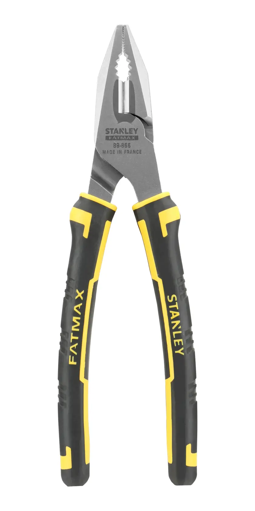 STANLEY 0-89-866 Kombizange mit schwarz-gelben Griffen, Vorderansicht, weißer Hintergrund.
