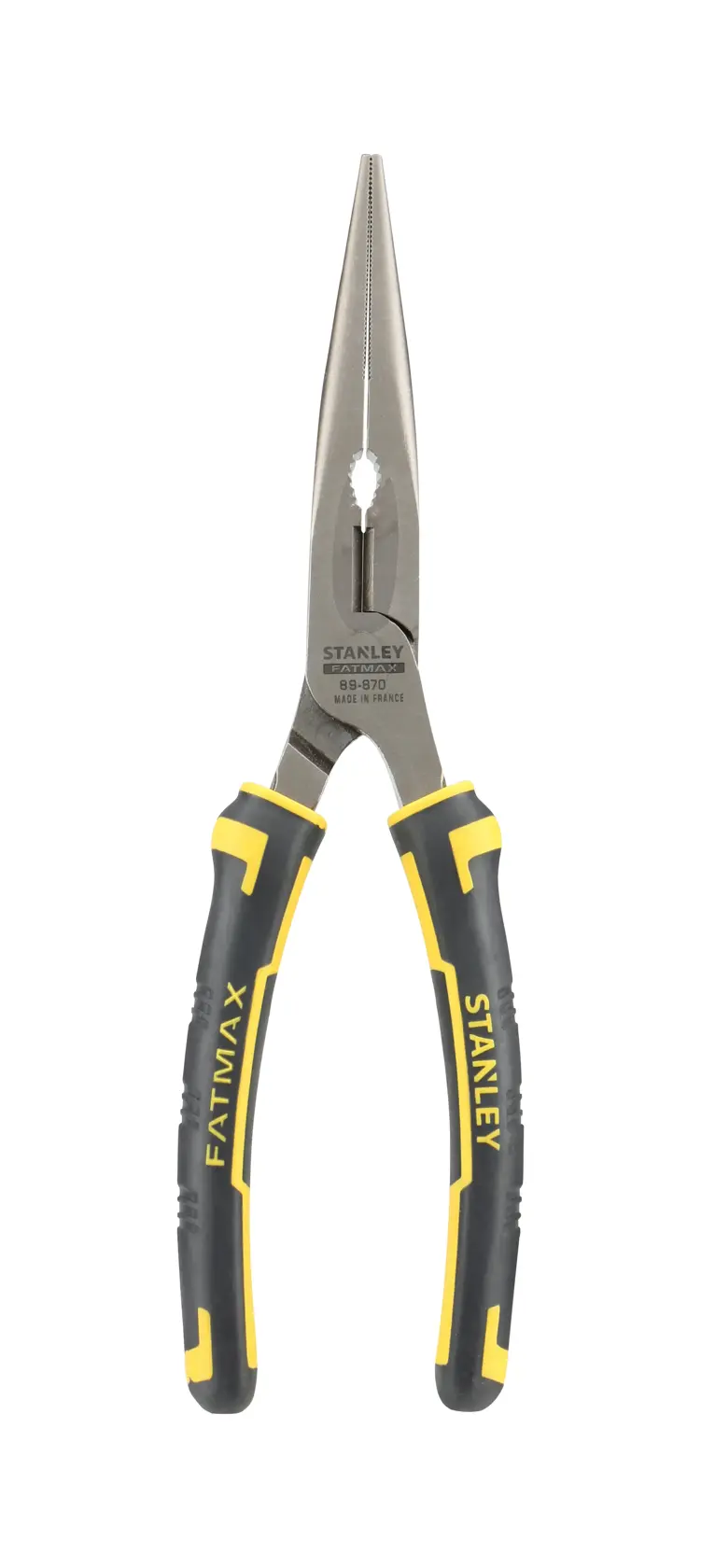 STANLEY 0-89-870 Flachzange mit langen Backen, schwarze und gelbe Griffe, Vorderansicht, weißer Hintergrund.
