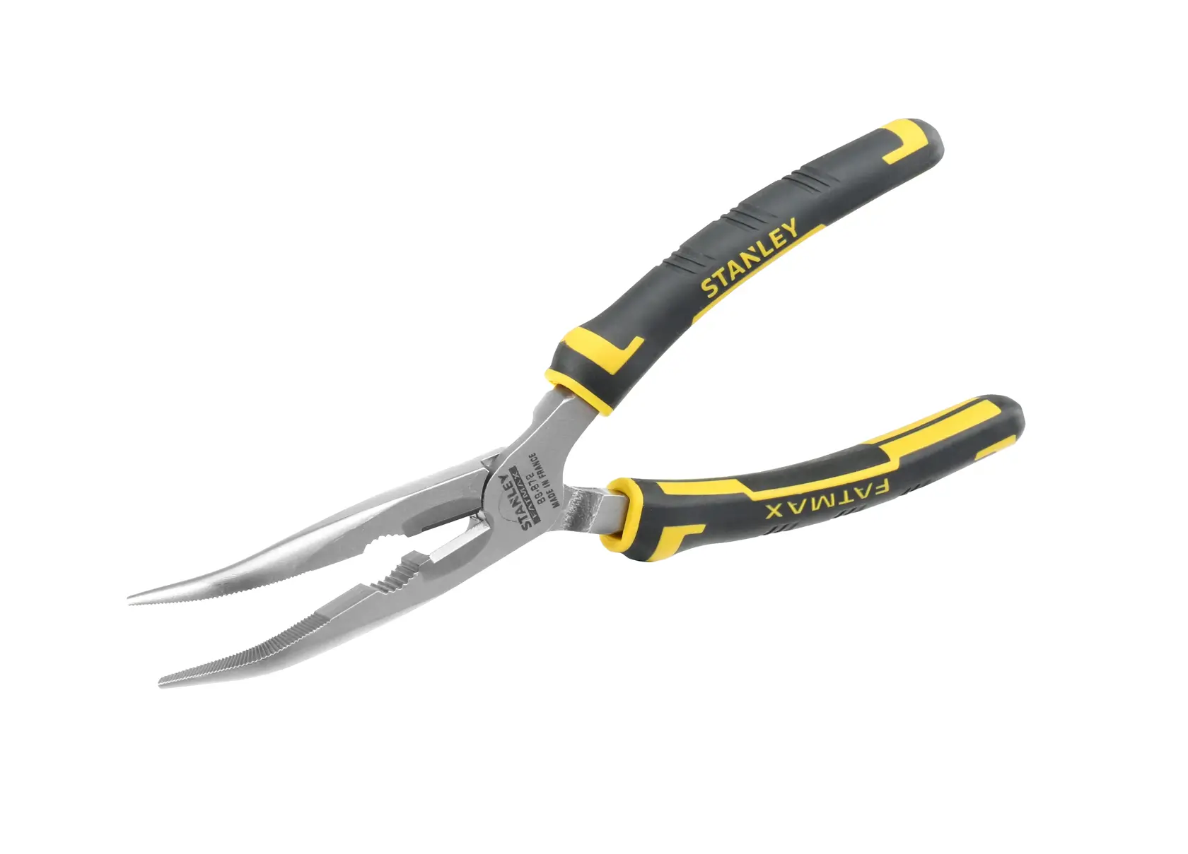 STANLEY 0-89-872 Spitzzange mit ergonomischen schwarz-gelben Griffen, Seitenansicht auf weißem Hintergrund.