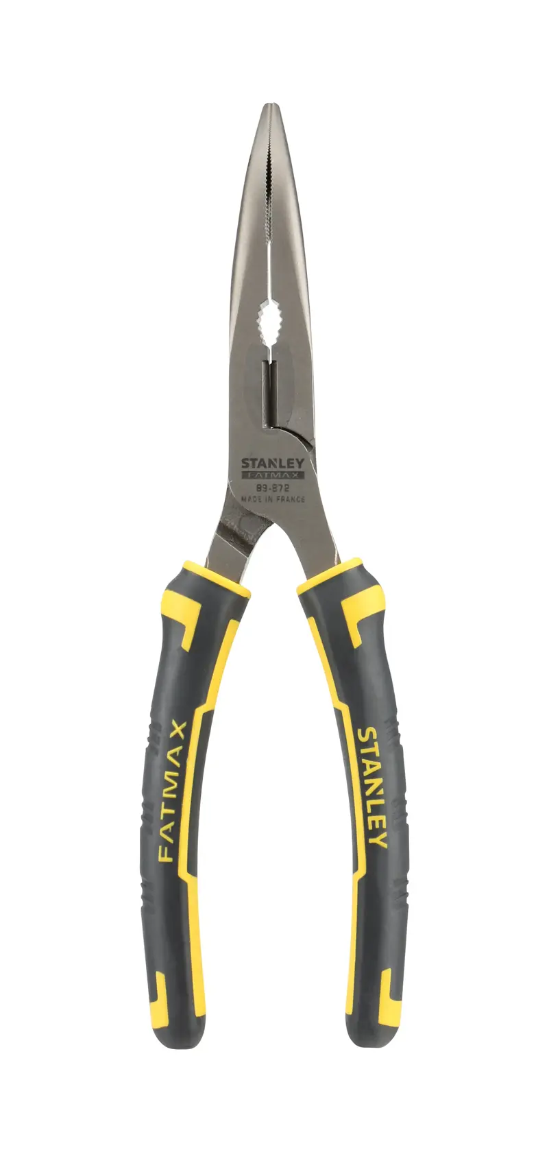 STANLEY 0-89-872 Spitzzange mit schwarz-gelben Griffen, Produktfoto von vorne auf weißem Hintergrund.