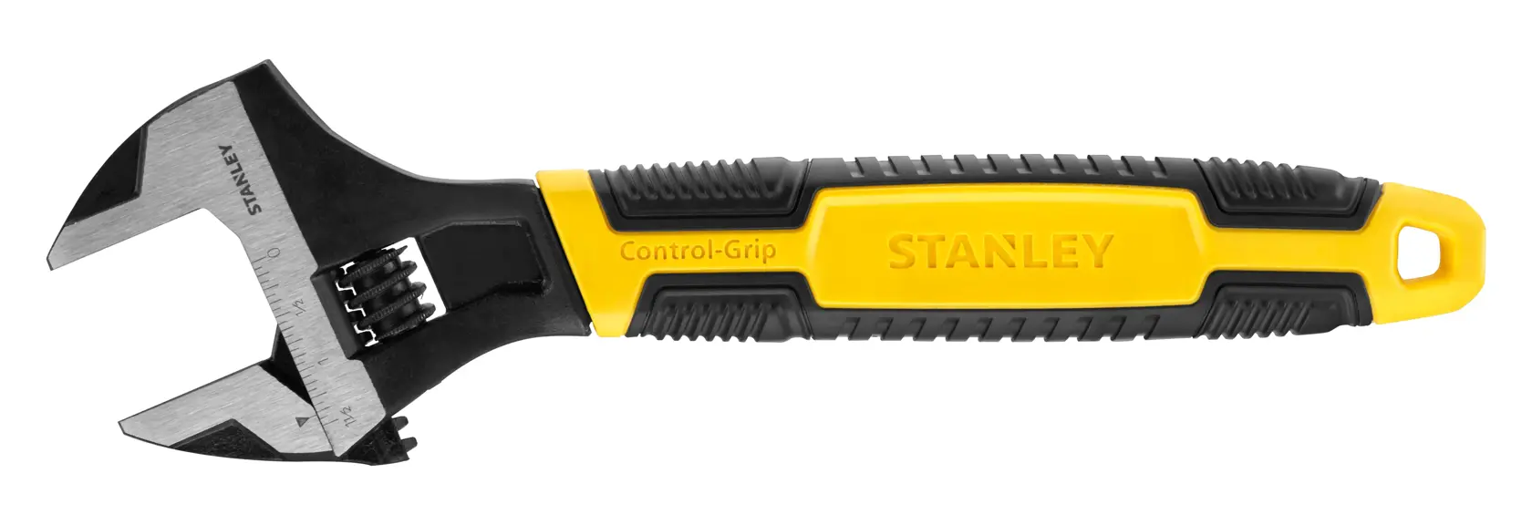 Stanley verstellbarer Schraubenschlüssel mit gelbem und schwarzem Griff, Metallbacken, auf weißem Hintergrund.