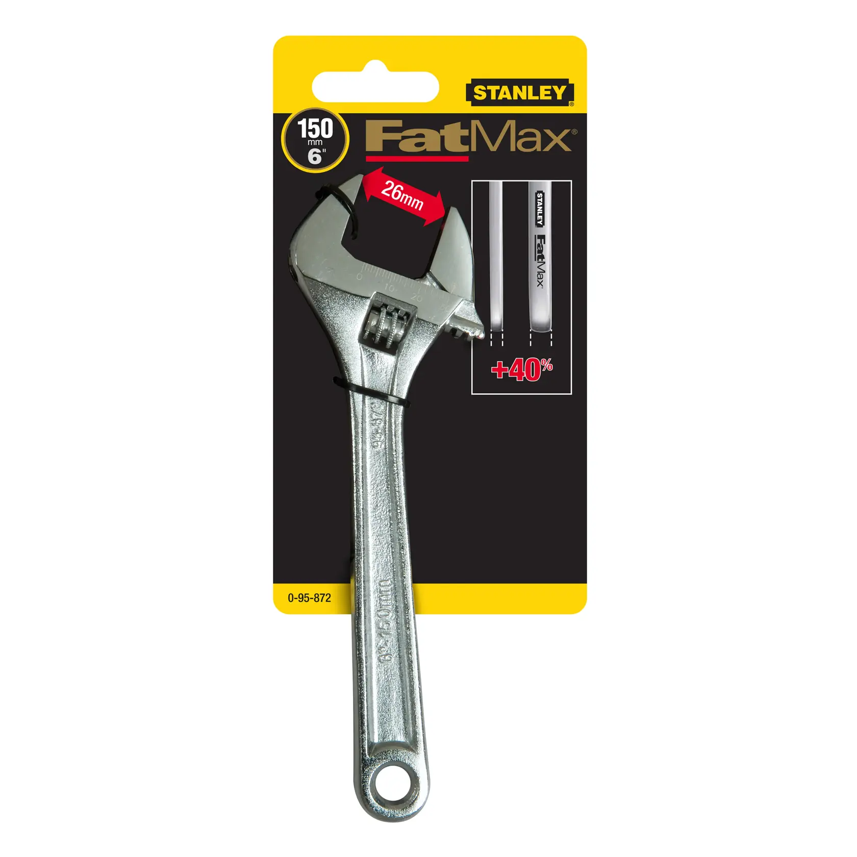 STANLEY 0-95-872 FatMax verstellbarer Schraubenschlüssel in Verpackung, 150mm, silber, Vorderansicht.