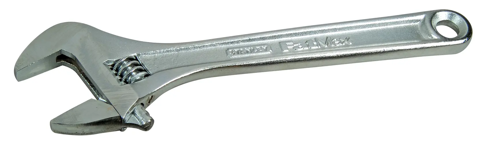 STANLEY 0-95-874 verstellbarer Schraubenschlüssel, silbernes Metallwerkzeug, Seitenansicht auf weißem Hintergrund.