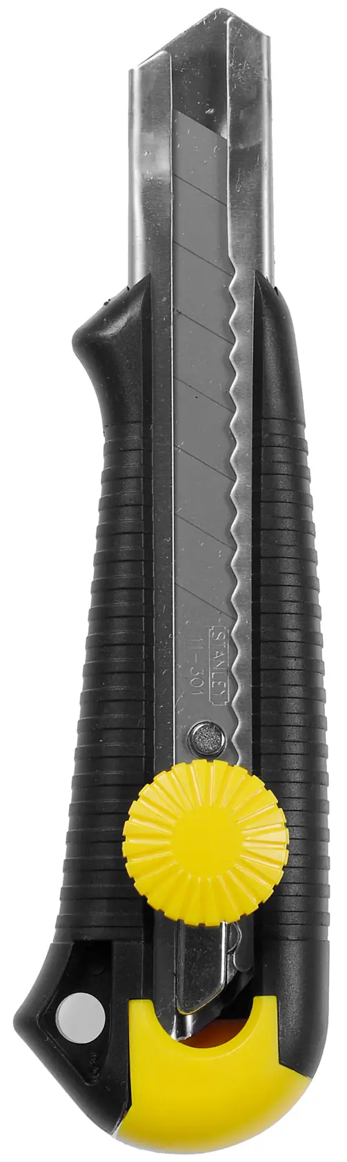 Foto vom STANLEY 1-10-418 Universalmesser mit geriffeltem schwarzem Griff und gelber Klingensicherung, Vorderansicht auf weißem Hintergrund.