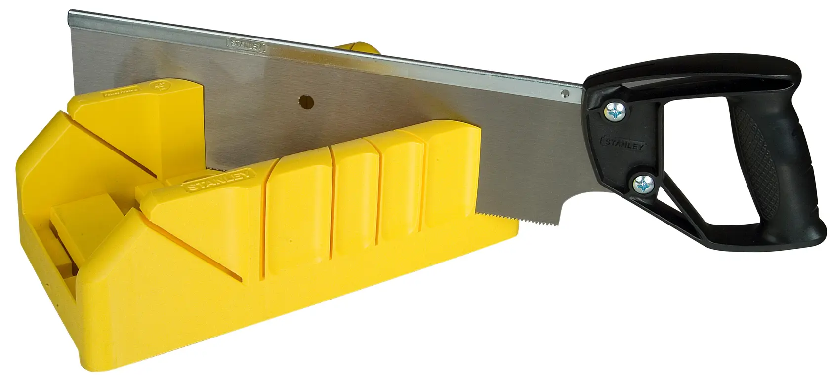 STANLEY 1-19-800 gelbe Gehrungslade mit Säge und schwarzem Griff, Seitenansicht auf Weiß.
