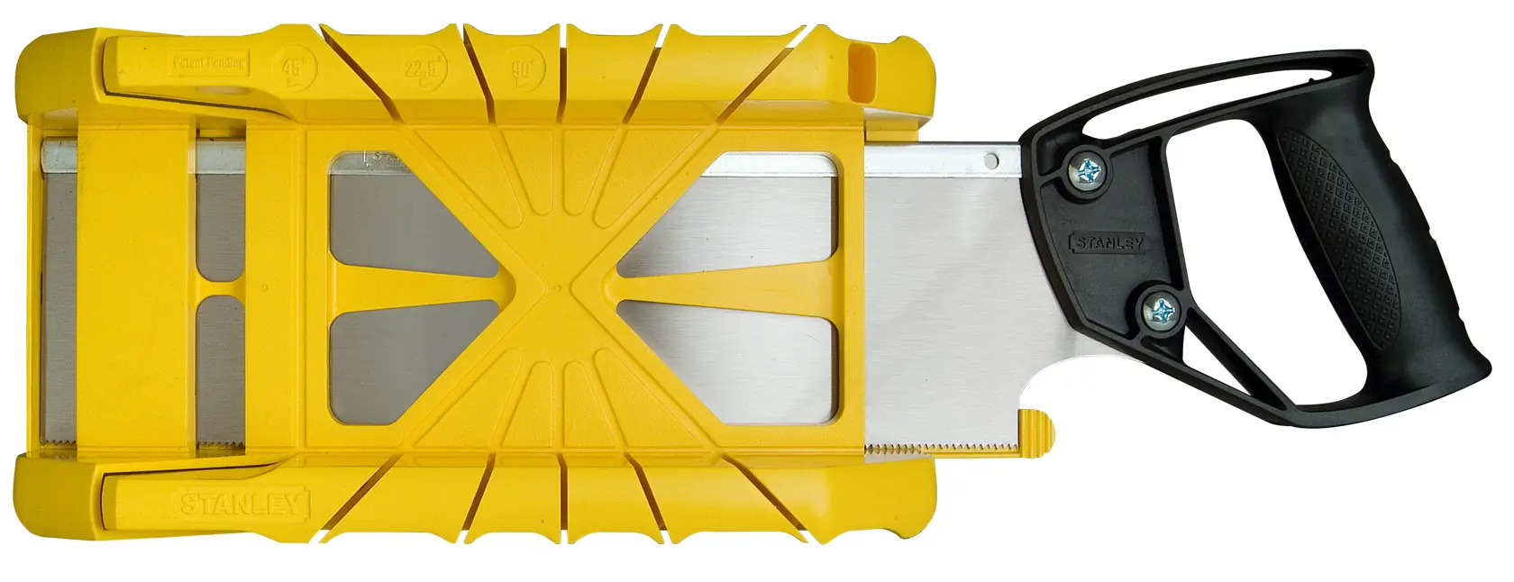 STANLEY 1-19-800 Gehrungslade mit Rücken- säge, gelber Kunststoff, schwarzer Griff, Draufsicht, weißer Hintergrund.