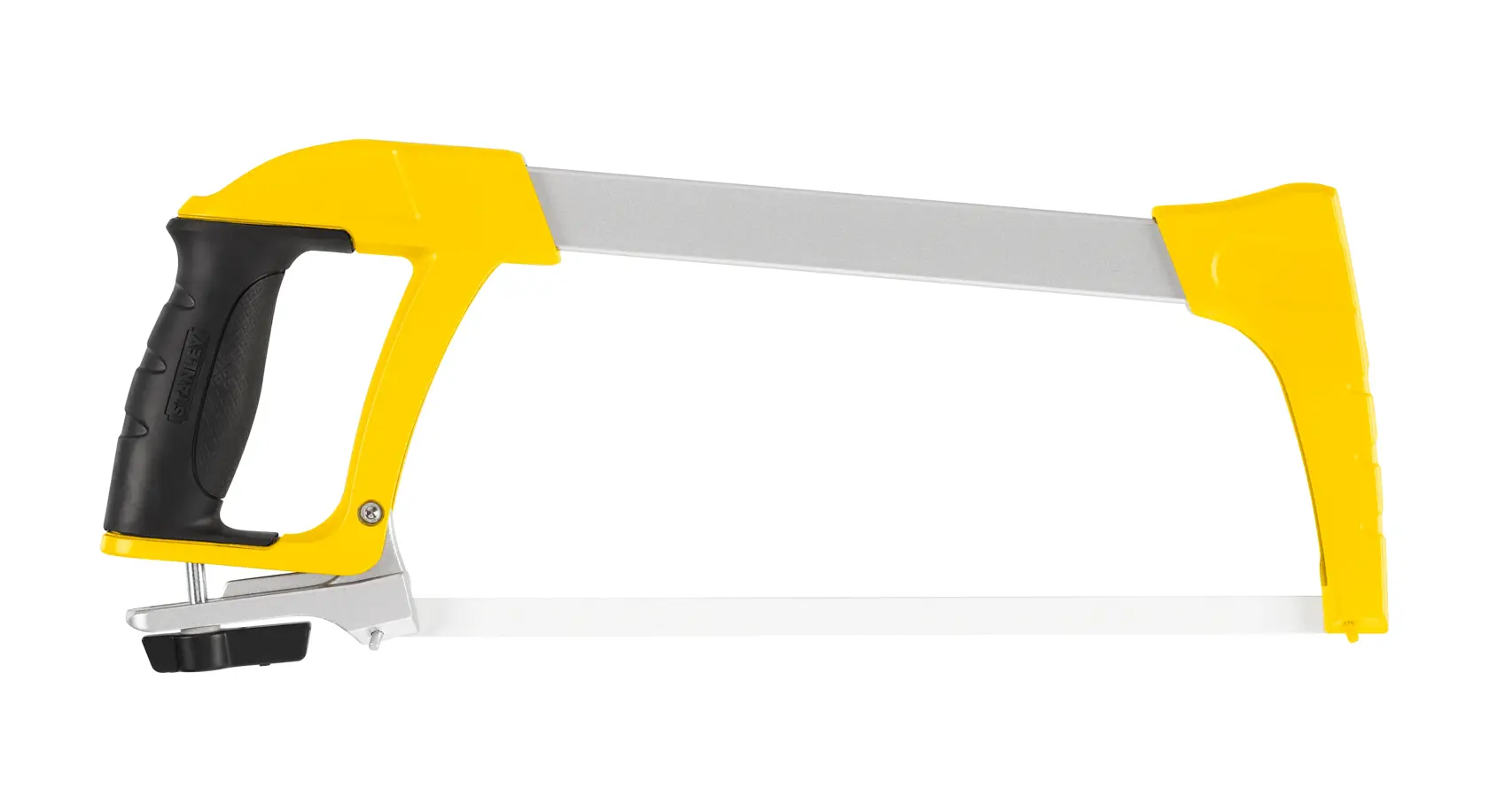 STANLEY 1-20-110 Bügelsäge mit gelbem Rahmen und schwarzem ergonomischem Griff, Seitenansicht auf weißem Hintergrund.