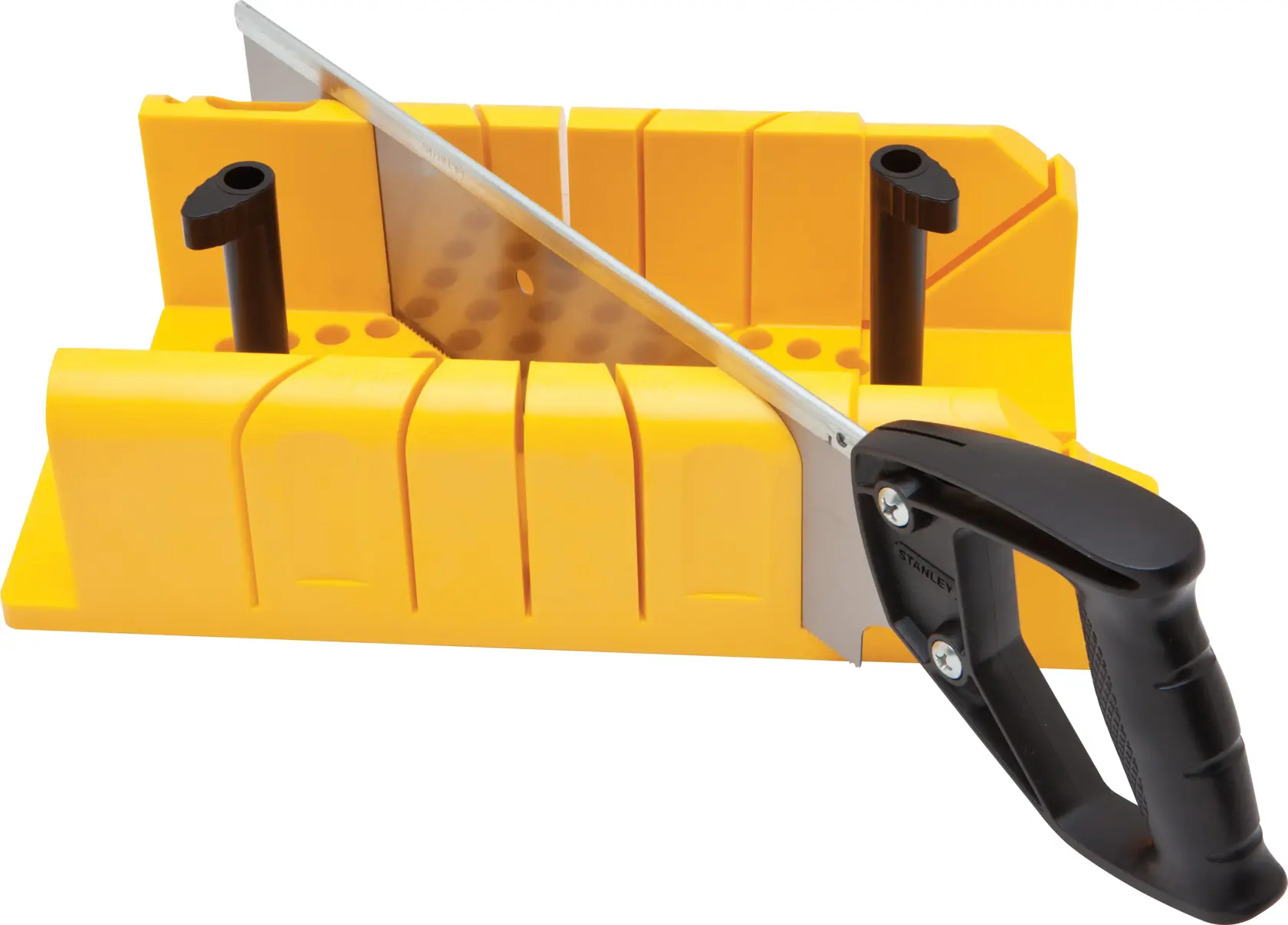 Gelbe Stanley-Gehrungslade mit schwarzem Griff und Säge für präzises Winkelschneiden.