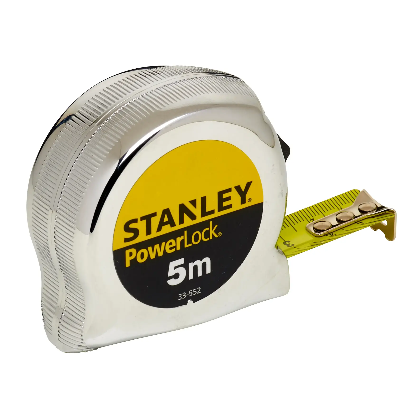 Foto des STANLEY 1-33-552 Maßbands, gelb und chrom, PowerLock-Serie, Band ausgezogen, Frontansicht.