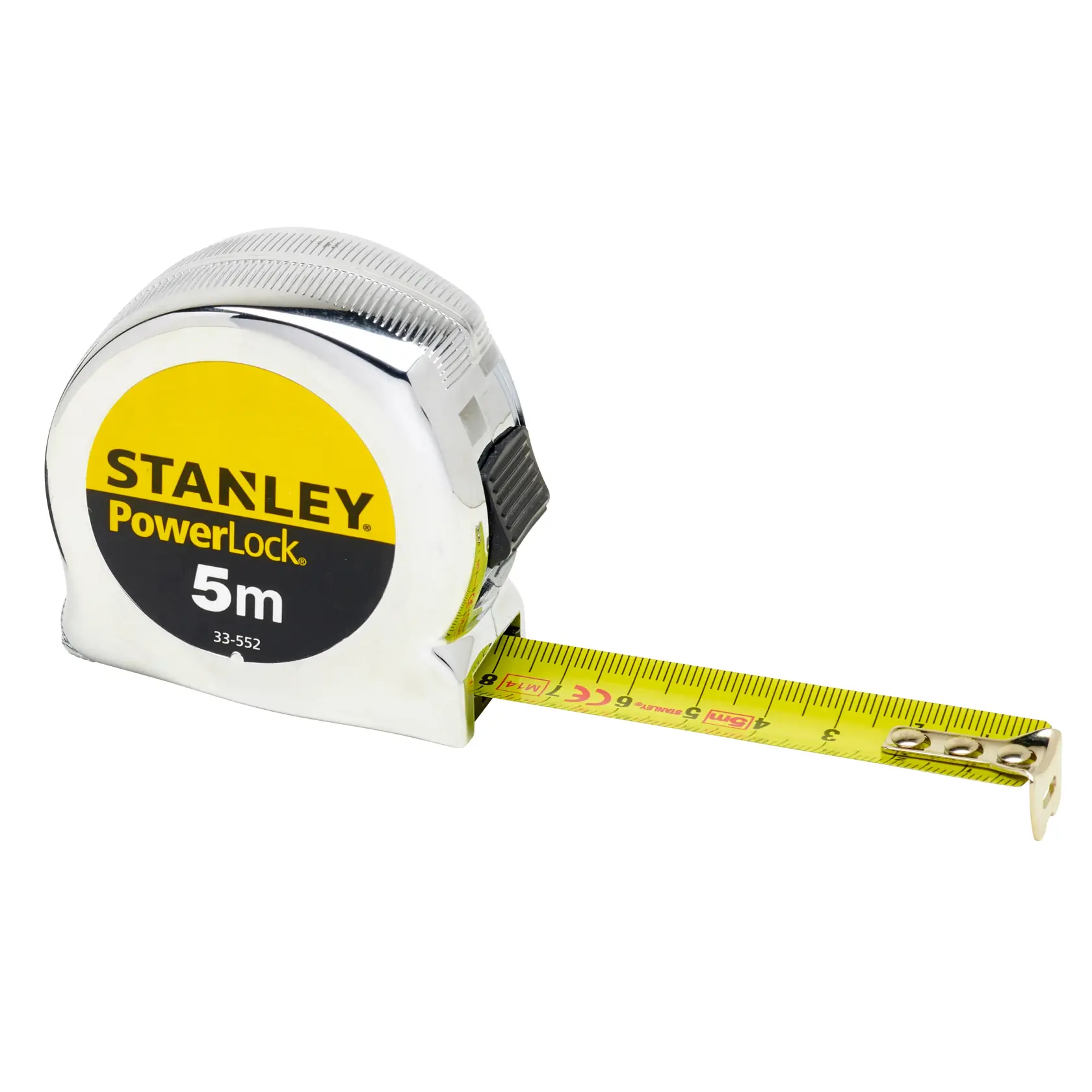 STANLEY 1-33-552 Bandmaß, 5m PowerLock, Chromgehäuse, gelbes Maßband, schräge Ansicht.