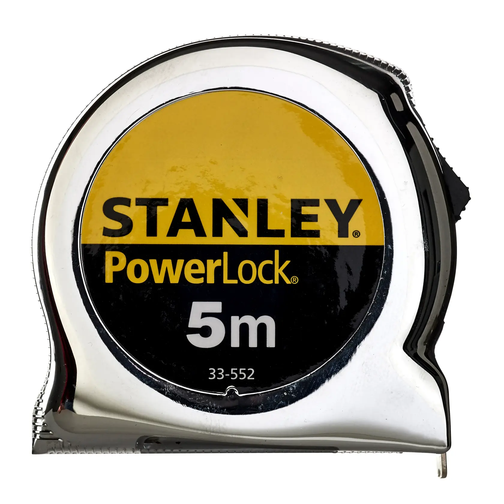 STANLEY 1-33-552 PowerLock 5m Maßband, silbernes Gehäuse, Vorderansicht vor weißem Hintergrund.