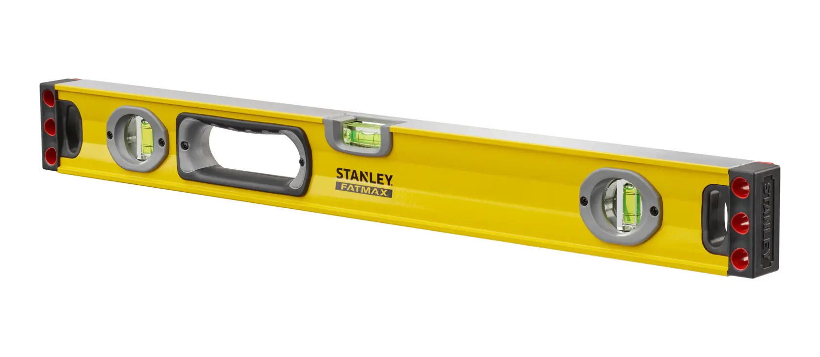 Gelbe Stanley Fatmax Wasserwaage mit drei Libellen und ergonomischem Griff.