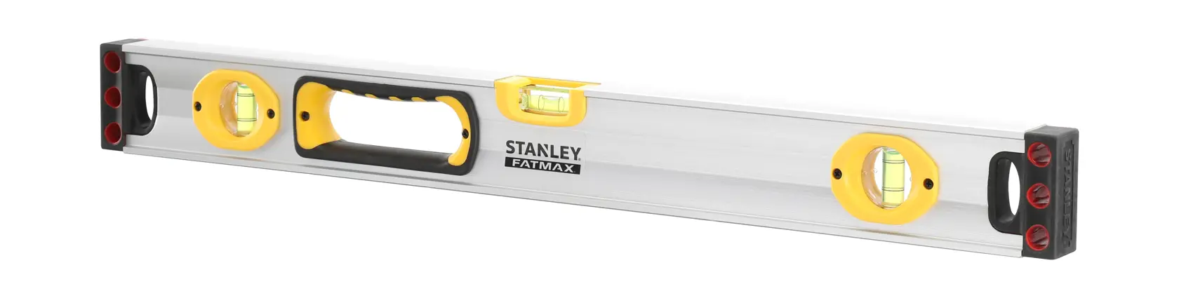 Stanley FatMax Wasserwaage mit gelben Enden, Griff und drei Libellen für genaue Messungen.