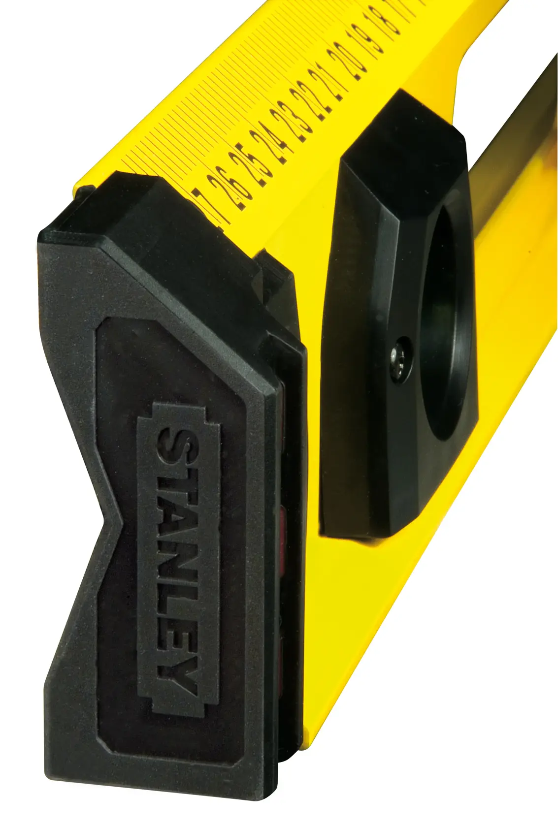 STANLEY 1-43-553 gelbes Lineal mit schwarzem Griff, Nahaufnahme, Fotografieprodukt