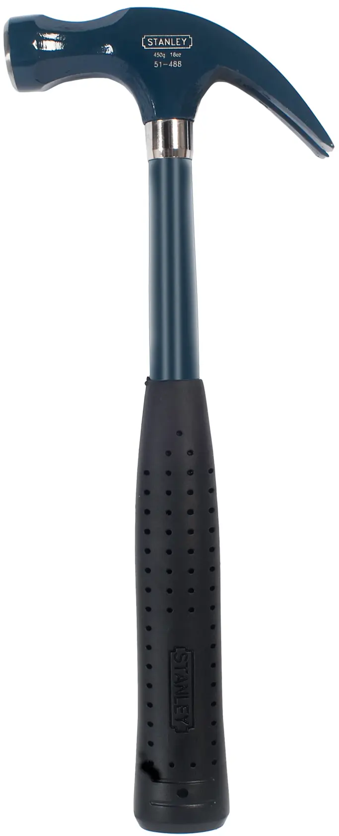 Stanley-Klauenhammer mit blauem Stahlgriff und schwarzem Gummigriff, senkrecht auf weißem Hintergrund gezeigt.